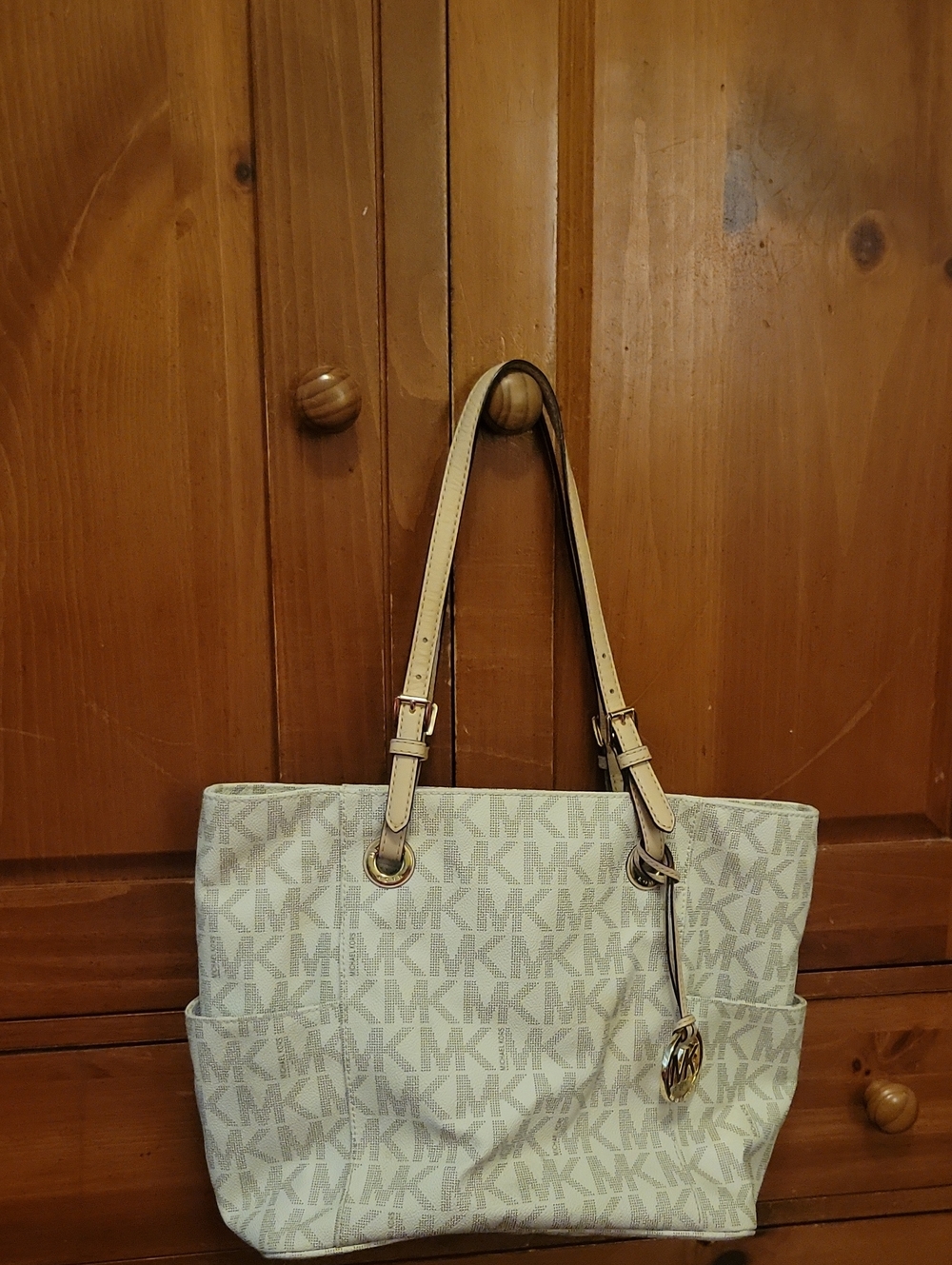 Michael Kors Cream MK Signature Tote with Gold Charm